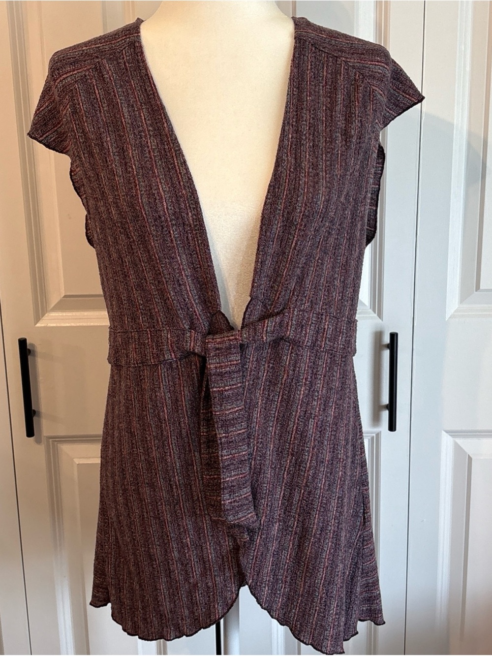 Free People Marled Blue and Burgundy Ribbed Knit Top